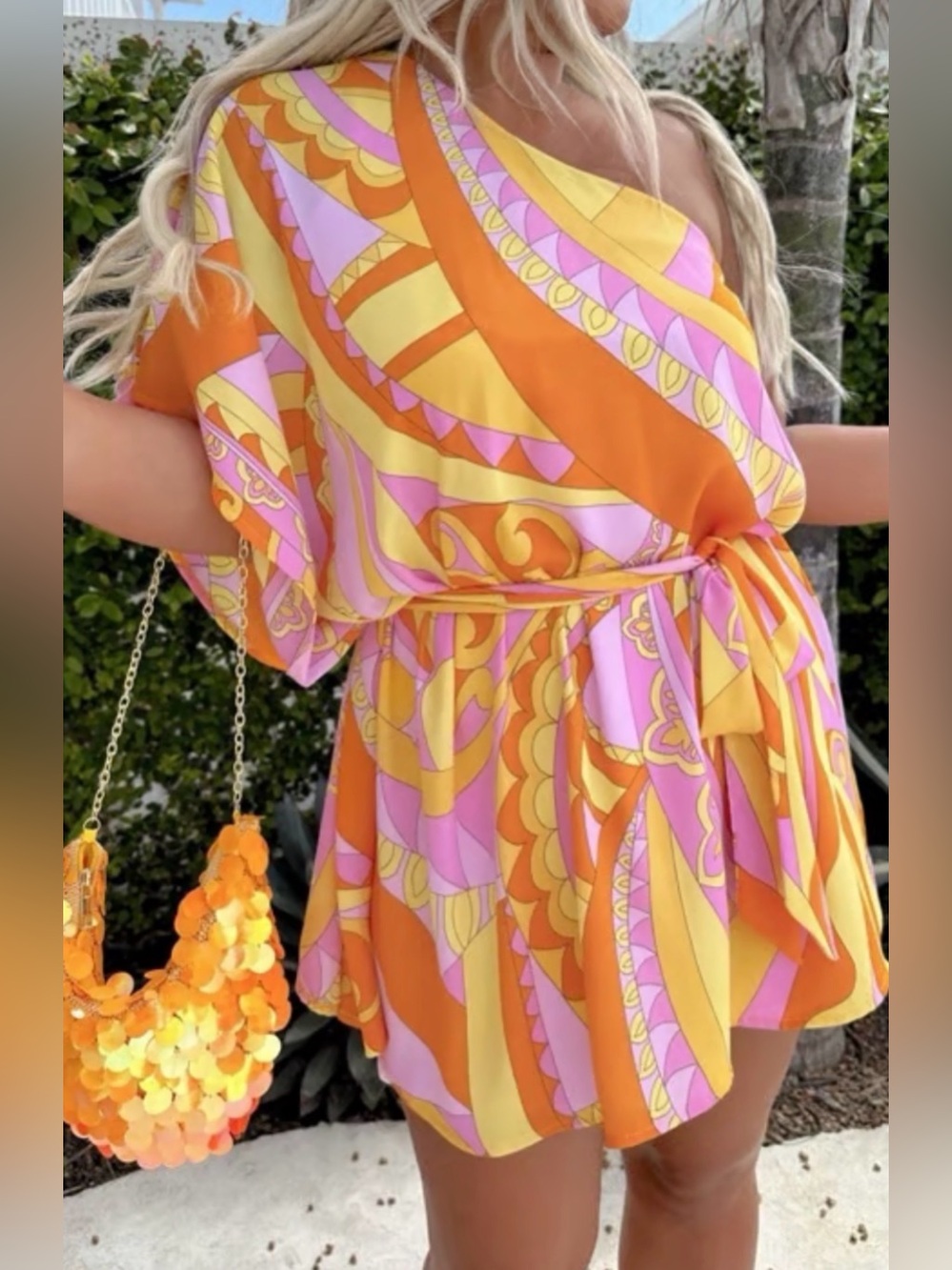 Show Me Your MuMu Tish Orange, Pink & Yellow One-Shoulder Retro 60s Dress K9